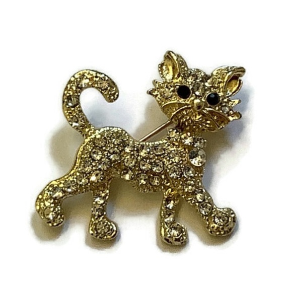 Gold Tone Rhinestone Cat Brooch - Picture 3 of 8